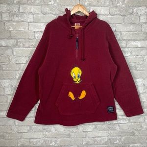 VINTAGE Y2K LOONEY TUNES TWEETY BIRD FLEECE HOODIE. QUARTER ZIP. FUZZY CHARACTER